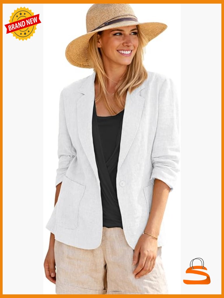 Linen Blazer Jacket - Lightweight Breathable 3/4 Ruched Sleeve Work Blazer